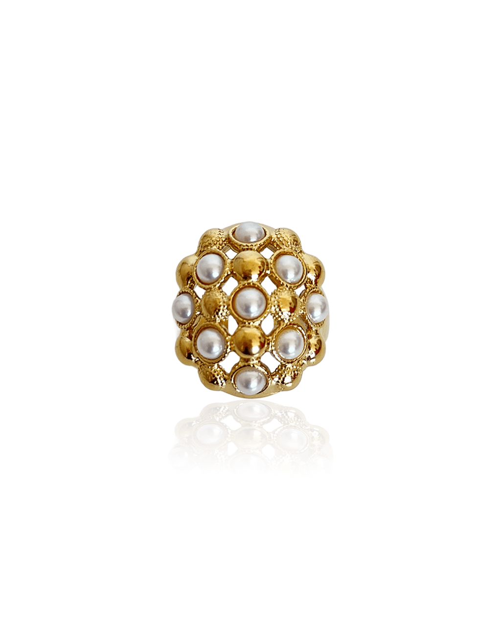 Bague Perla Dorata en acier inoxydable doré avec perles, élégance intemporelle et design chic.
