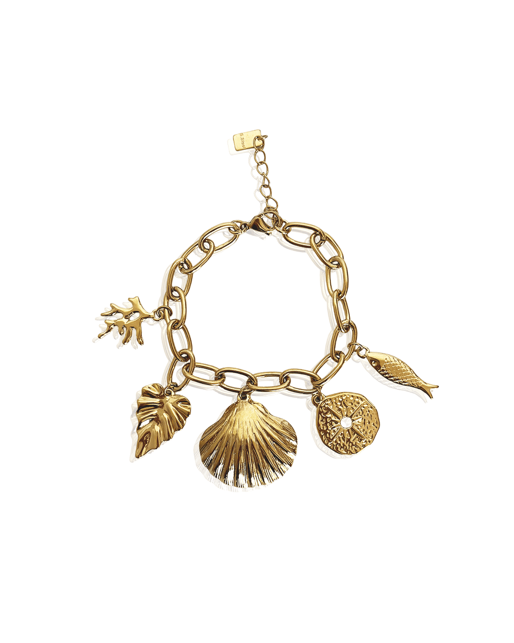 Bracelet Ondina en acier inoxydable avec charms en forme de coquillage et feuille, bijou chic et tendance.