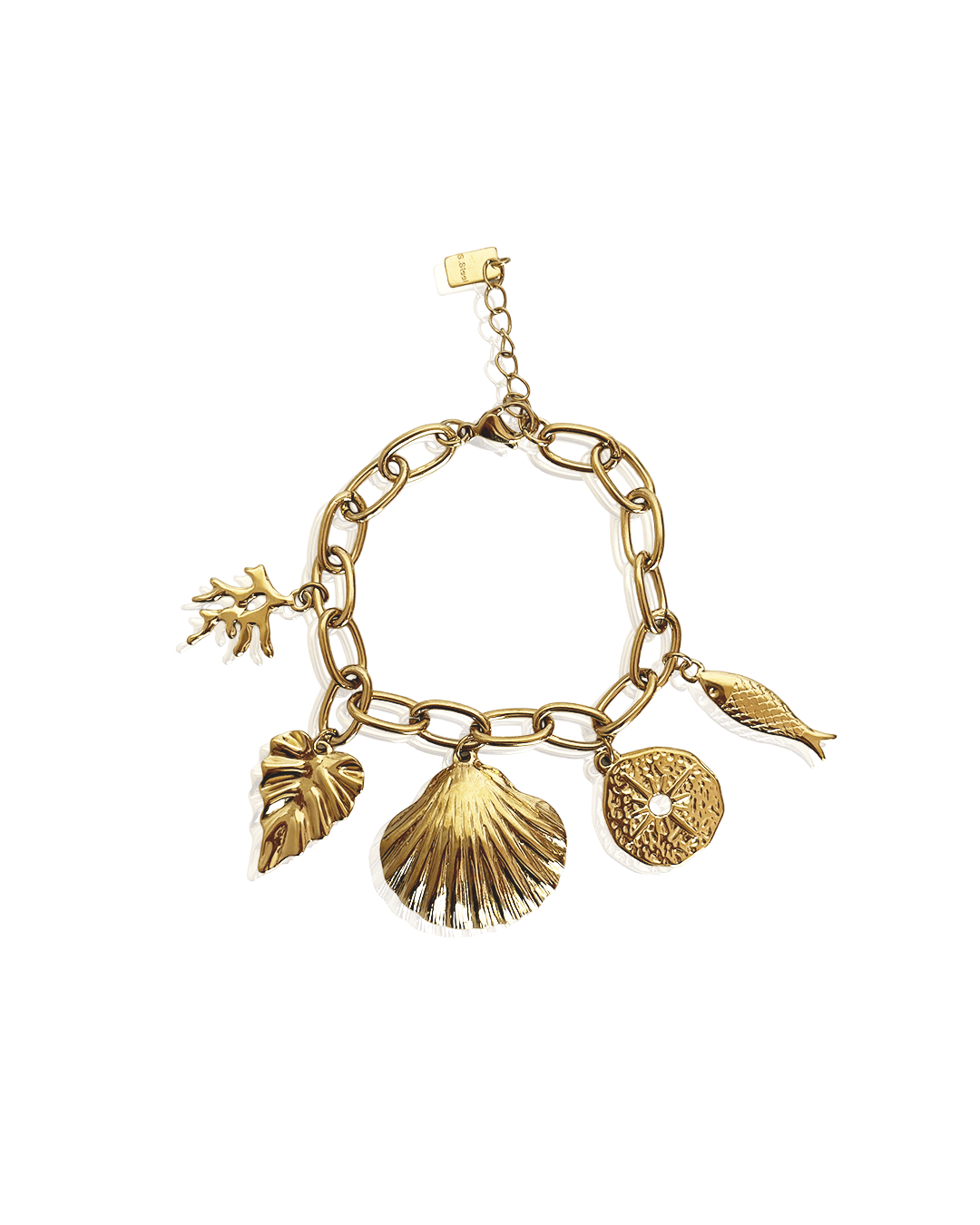 Bracelet Ondina en acier inoxydable avec charms en forme de coquillage et feuille, bijou chic et tendance.