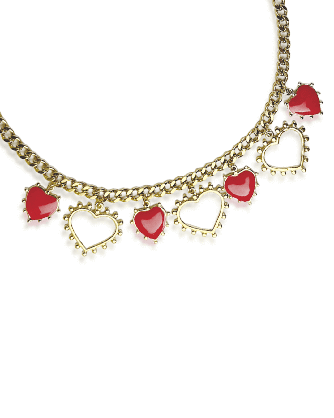Collier Set Amore avec pendentifs en cœur rouge et blanc, en acier inoxydable doré, élégant et féminin.