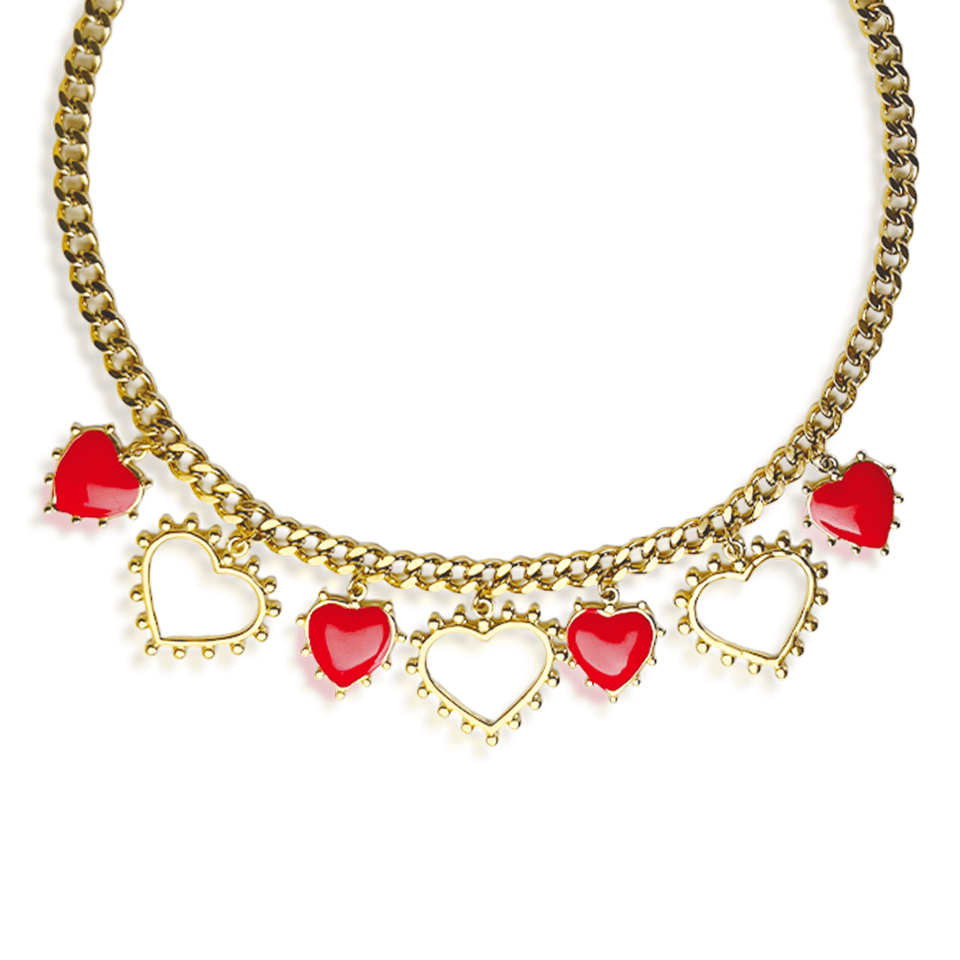 Collier Amore Mio en acier inoxydable doré avec pendentifs cœurs rouges et blancs, un bijou chic et intemporel.