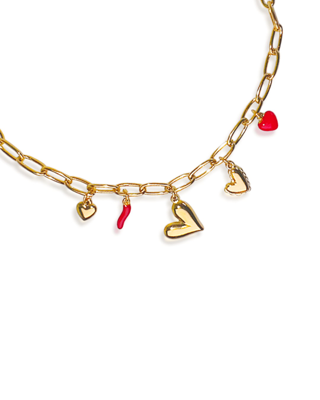 Collier Dolce Cuoricino en acier inoxydable avec pendentifs en forme de cœurs et piments, élégant et tendance.