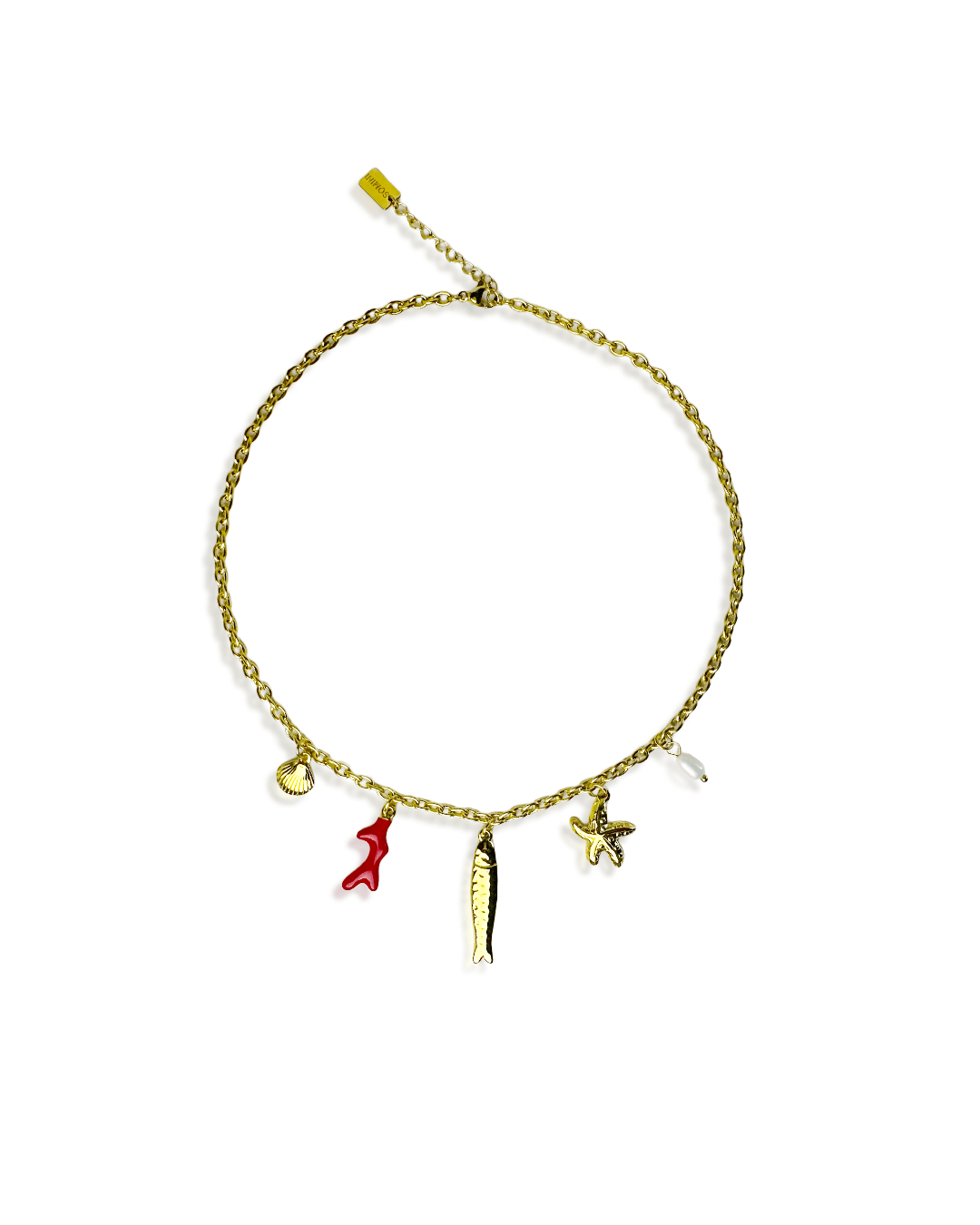 Collier Sirena doré avec pendentifs marins, élégant et intemporel, en acier inoxydable, bijou tendance féminin.
