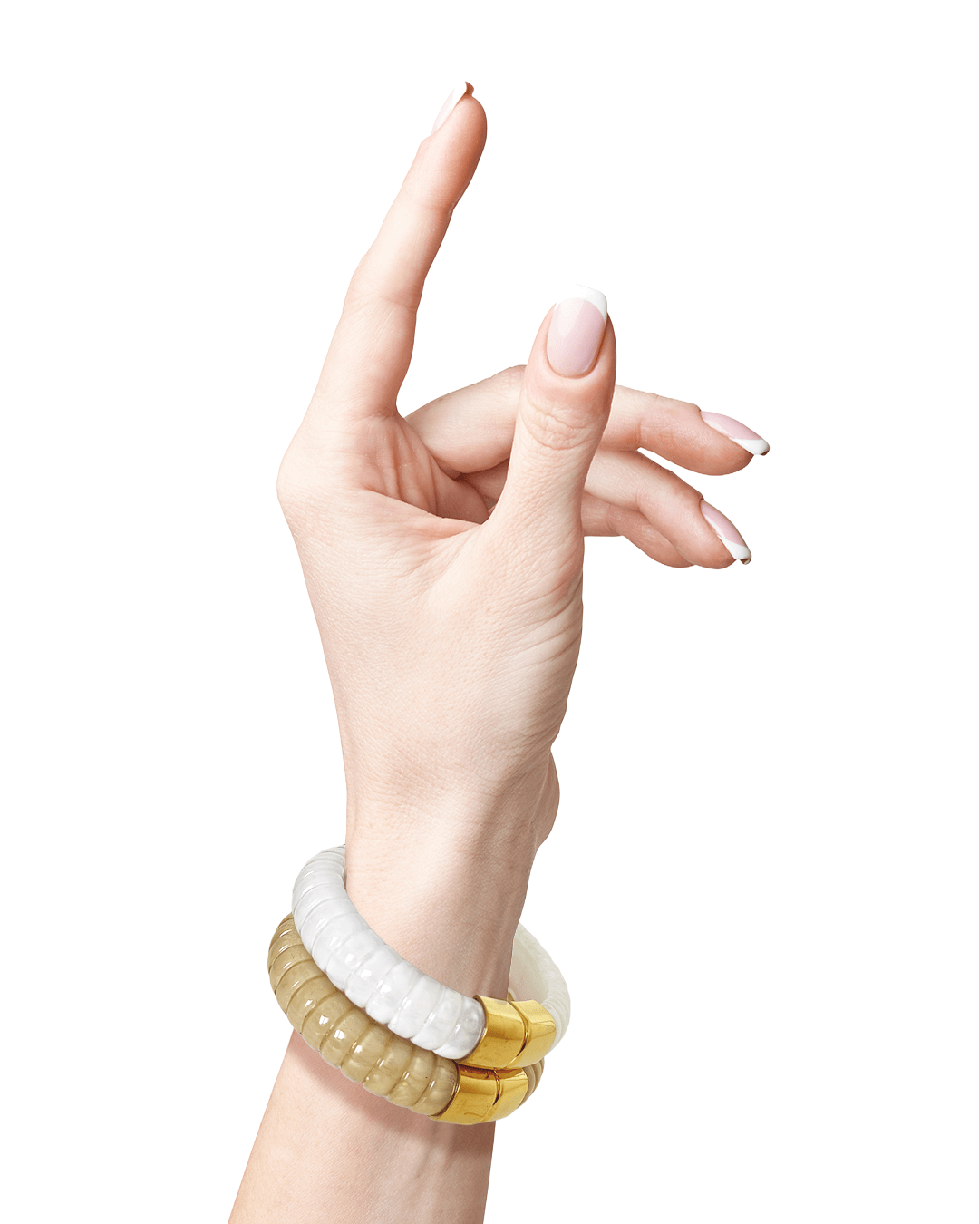 Elegant hand gesture showcasing chic bracelets, perfect for trendy women's jewelry in a timeless style.